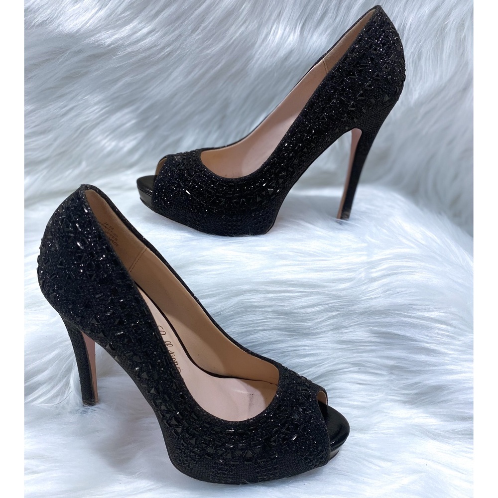 De Blossom Collection Black Rhinestone Heels | Size 7
